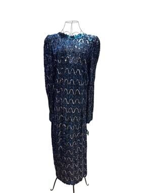 Vintage 80s Lilli Diamond Blue Sequin Wave Midi Dress Size 10